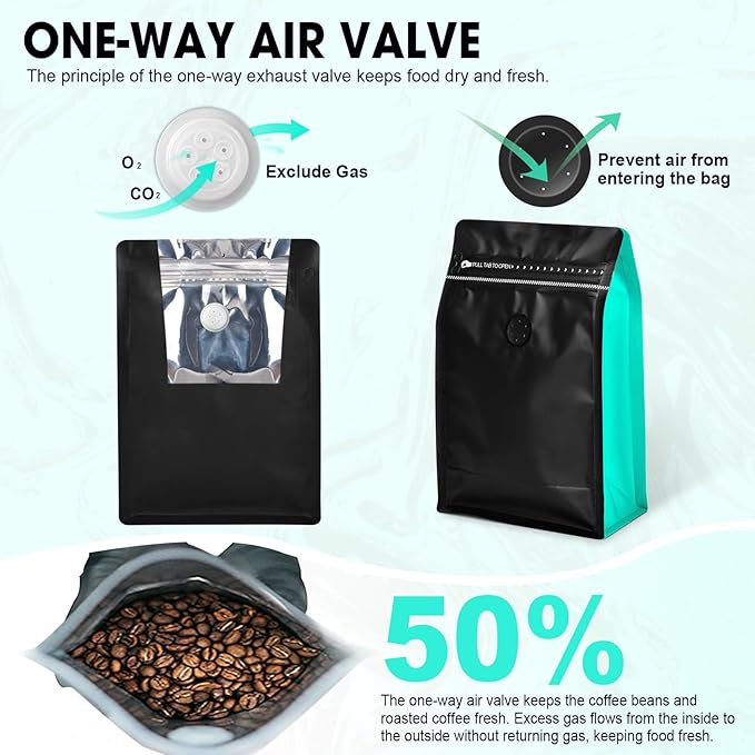 Coffee Bags with Valve(60pcs,8oz,0.5lb) Vented Coffee Beans Packaging Bags High Barrier Aluminumed Foil Flat Bottom Heat Sealed Side Zipper Resealable Storage Bag for Home or Business（Black+Blue）