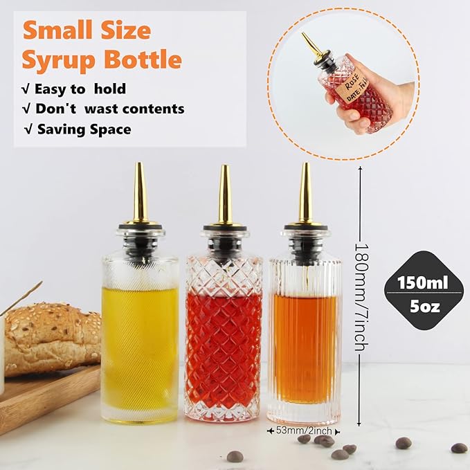 Syrup Dispenser Bottles Set 3 Packs 5 OZ Simple Small Syrup Bottles Set with Upgrade Metal Pour Spout SC057 (3 Pack)