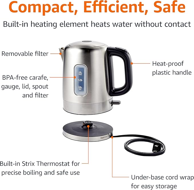 Amazon Basics Electric Stainless Steel Kettle for Tea and Coffee, BPA-Free, Fast Boiling, Auto Shut-Off, 1 Liter, 1500W, Black and Silver