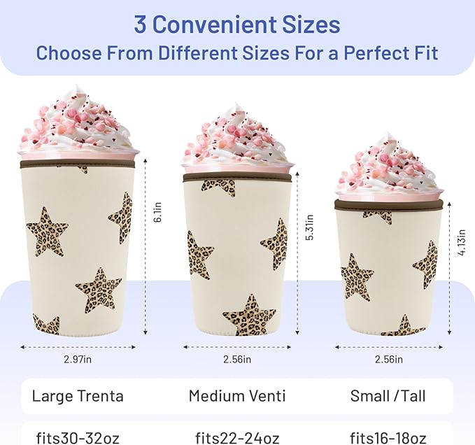 Iced Coffee Sleeve Reusable Cup Sleeves for Cold Drinks Neoprene Koozie Cozy Plastic Cup Covers for Drinks, Stars Leopard