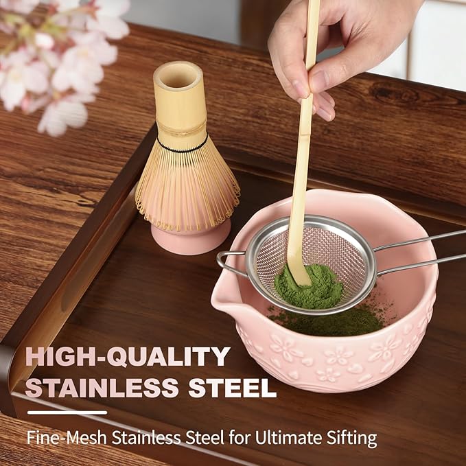 SIMPLETaste Matcha Whisk Set, 7 Pcs Ceramic Matcha Kit Includes Bowl, Whisk and Holder, Bamboo Scoop, Scoop Rest, Sifter and Tea Towel - Matcha Kit for Macha Lovers (Pink)