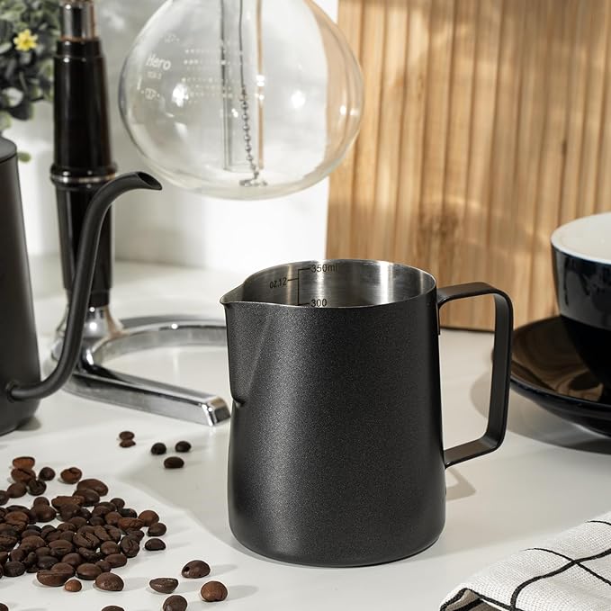 HOMEE Milk Frothing Pitcher,Espresso Steaming Pitcher Stainless Steel 12oz,Milk Frothing Jug With V-shaped Spout and Teflon Coating,Barista Tool Milk Steam Pitcher for Kitchen Bar, Latte Art