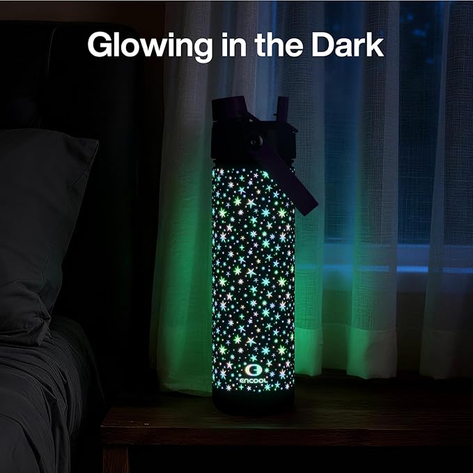 ENCOOL Insulated Water Bottle with Straw Stainless Steel Water Bottle, Glow in the Dark, Leak-Proof, BPA-Free, Keeps Cold for 24 Hours for Sports, Travel, School (26 oz, Neon Starlight)
