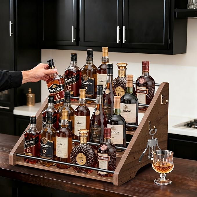 AHUONEL Coffee Syrup Organizer, 4-Tier Solid Wood Syrup Rack, Wine Rack, Storage Organizer for 16 Syrup Bottles/Spice Jars/Liquor Bottles, Sturdy Storage Stand for Coffee Bar