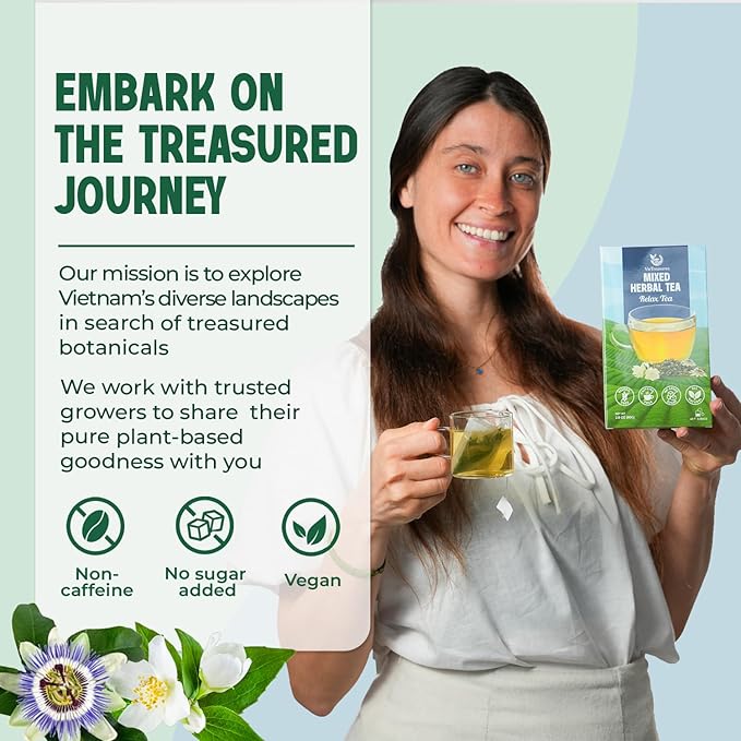 VieTreasures Relax Herbal Tea – 40 Tea Bags | Promotes Relaxation | Tieguanyin Base with Passionflower & Honeysuckle | Jasmine Infusion, Caffeine-Free, Sugar-free, Organic Blends, 2.8oz