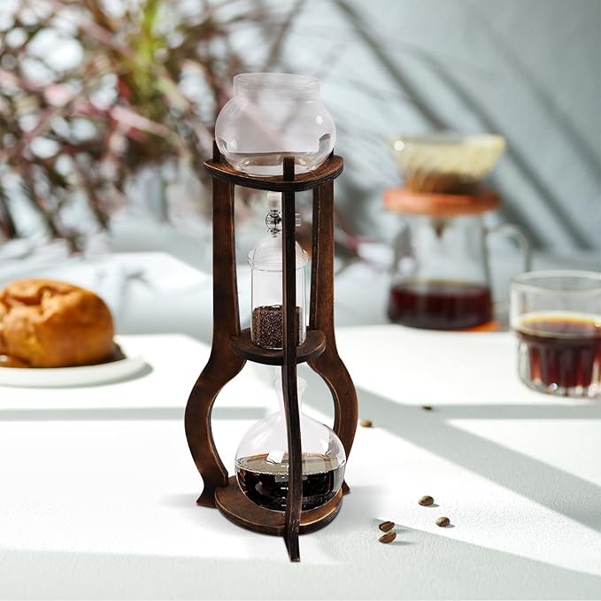 Tower Cold Brew Coffee Maker with Wood Tripod Stand, Adjustable Copper Drip Speed Valve, Ice Coffee Machine for Home, Coffee Shops, Cafes, Offices, Makes 6-8 Cups (Brown)