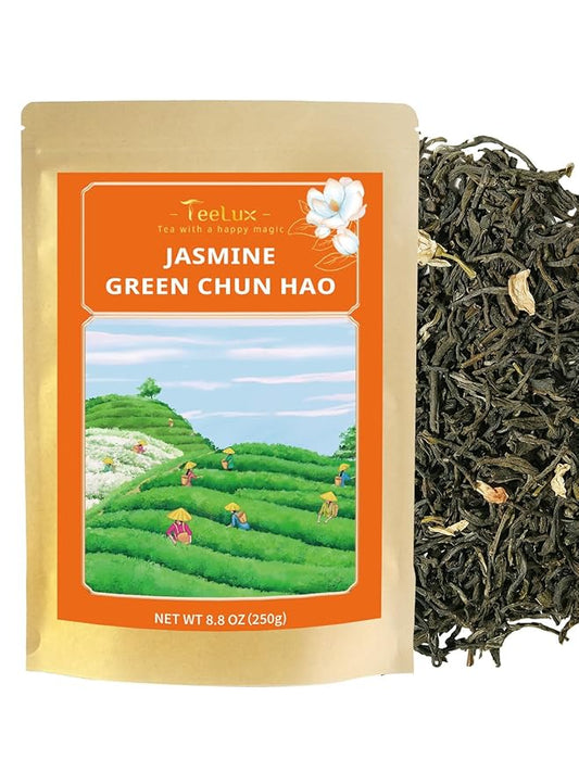 TeeLux Jasmine Green Tea Loose Leaf, Natural Premium Jasmine Chun Hao with Pleasant Aroma, Hot & Iced Tea, 8.8 Ounce