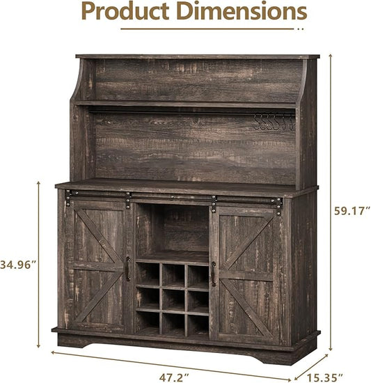 47 Inch Farmhouse Coffee Bar Cabinet with 3-Tier Storage, Coffee Bar Hutch with 9 Wine Racks, 3 Glass Holders, 6 Hooks, Kitchen Storage Cabinets for Dining Living Room, Oak