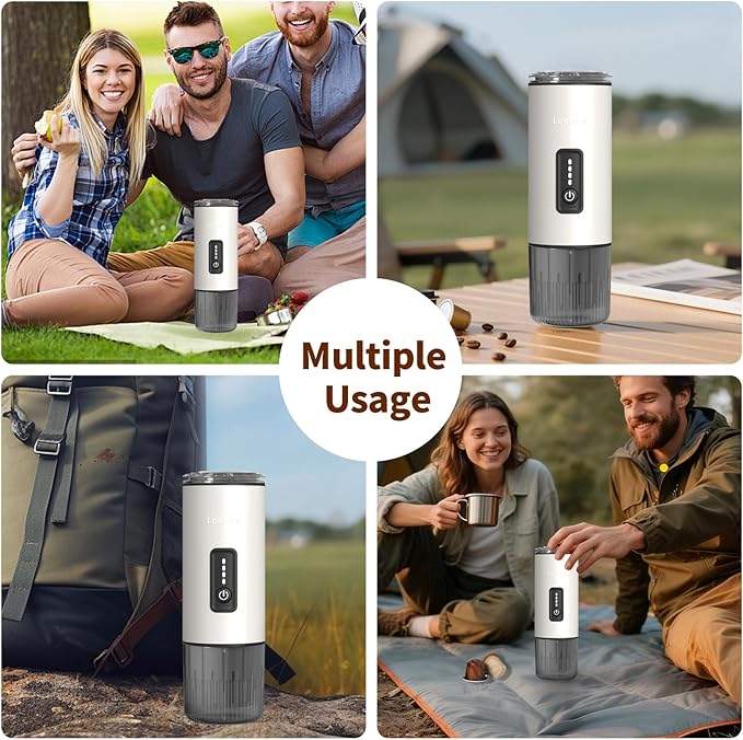 Leozora Portable Espresso Maker, 20Bar Professional Pressure, Stainless Steel Body, 7500mAh USB-C Rechargeable, 3-in-1 for Ground Coffee & Nespresso/DG Capsules, Ideal for Camping, Car, Office, White