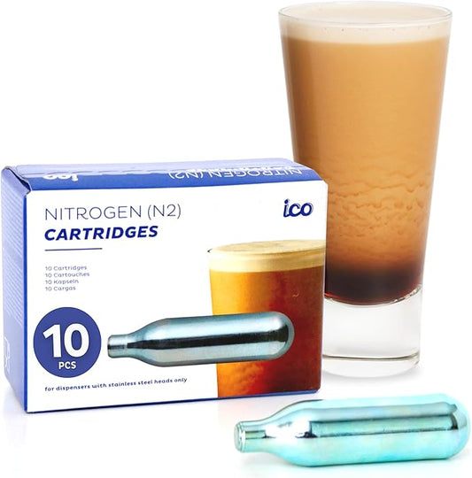 ICO 10pcs Nitrogen Cartridges for Nitro Cold Brew Coffee and Beer, 2g N2 Cartridges Non-threaded 'NOT FOR WHIPPED CREAM' for Nitro Cold Brew Maker