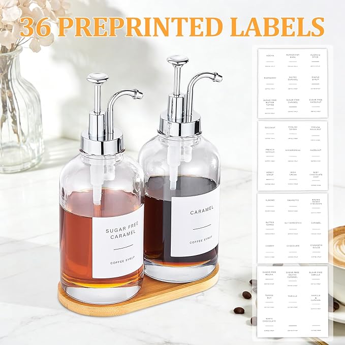 Coffee Syrup Dispenser Coffee Bar Accessories 16.9 oz Syrup Dispenser with Labels, Syrup Pump Dispenser for Coffee Bar(Silver Pump)