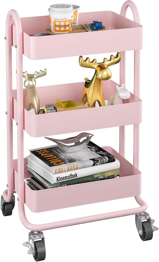 MIOCASA 3-Tier Metal Utility Rolling Cart, Heavy Duty Multifunction Cart with Lockable Casters, Easy to Assemble, Suitable for Office, Bathroom, Kitchen, Garden