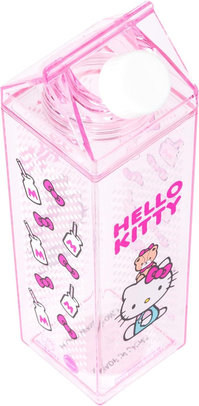 Silver Buffalo Sanrio Hello Kitty Plastic Milk Carton Bottle Featuring Hello Kitty and Tiny Chum, 16.2 Ounces