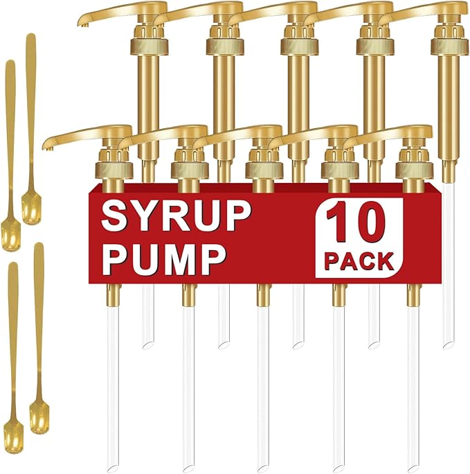 ZTTXL 10 Packs Coffee Syrup Pump Dispenser,Fits 25.4 Oz/750ml Coffee Flavoring Syrup Bottles,No Dripping, Fits Home & Coffee Bar Drinking Mixes,Free 4 Golden Spoons