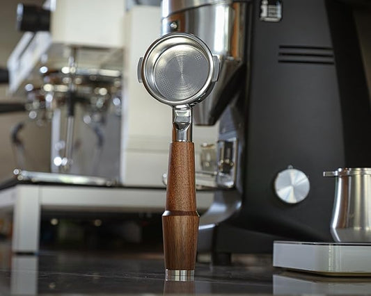 KNODOS 58mm Bottomless Portafilter Compatible with Breville Dual Boiler, Oracle, Oracle Jet Espresso Machines Walnut Handle 2 Ears 18-21g Double Shot Filter Basket Included