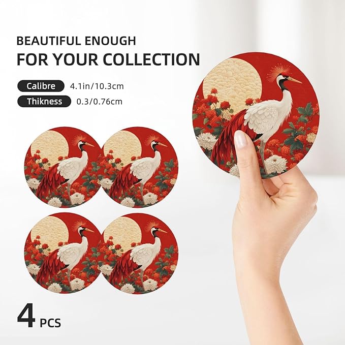 Crane Bird Flower Painting Coasters for Drinks Absorbent Round Ceramic Coasters Set of 4 Non-Slip Cup Coaster with Cork Base for Coffee Table Drink Home Decor Tabletop Protection