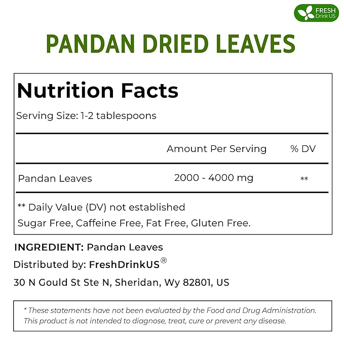 FreshDrinkUS, Premium 2oz Natural Pandan Leaves Dried, 100% Pure Dried Pandan Leaves, Pandan Leaf Tea, No Additives, No Caffeine, Vegan (2 oz Dried Leaves)