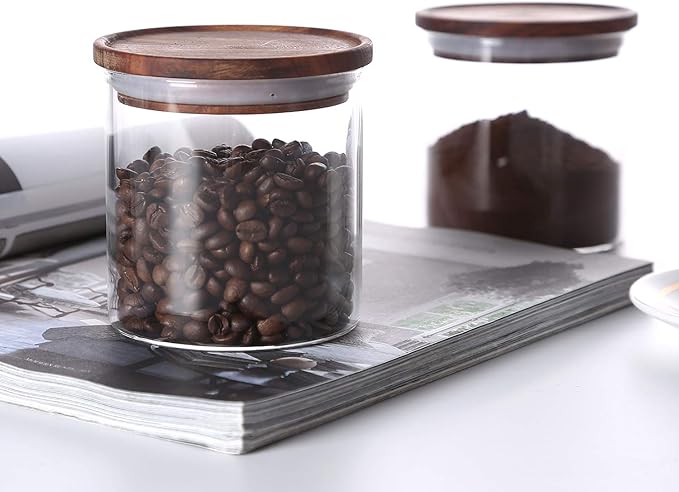 KKC HOME ACCENTS Airtight Glass Food Storage Jars with Wood Lids for Coffee,Sugar,Salt,Wooden Top Sealed Glass Kitchen Jars,18 Fluid Ounces