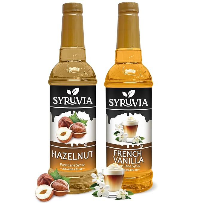Syruvia Coffee Syrup Variety Pack - Hazelnut & French Vanilla- Gluten-Free, Kosher, 25.4 fl oz Bottles - Enhance Your Coffee Experience with Premium Flavoring Syrups