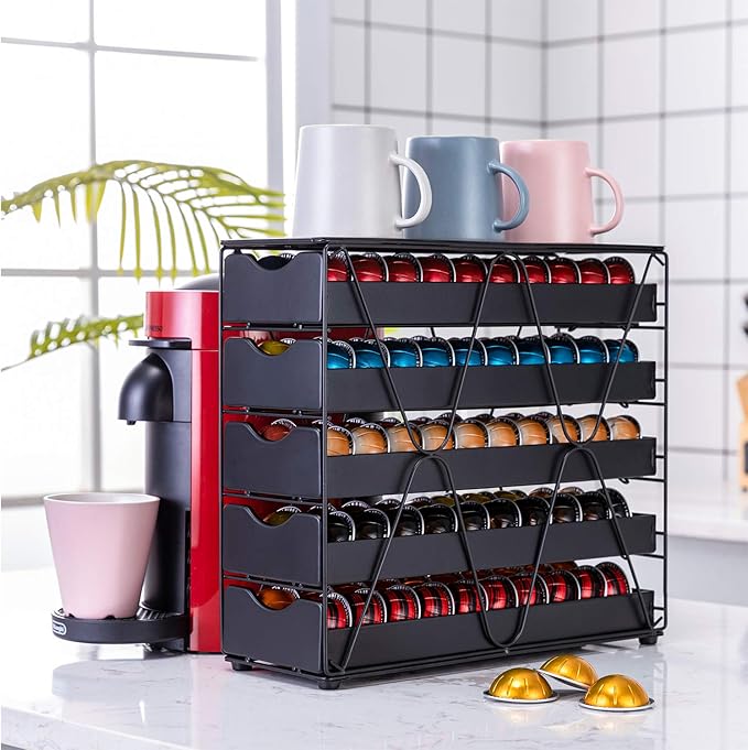 FlagShip for Nespresso Pod Holder Drawer Large Mullti Tier Coffee Pod Holder Vertuo (5 Tier (100Pods))