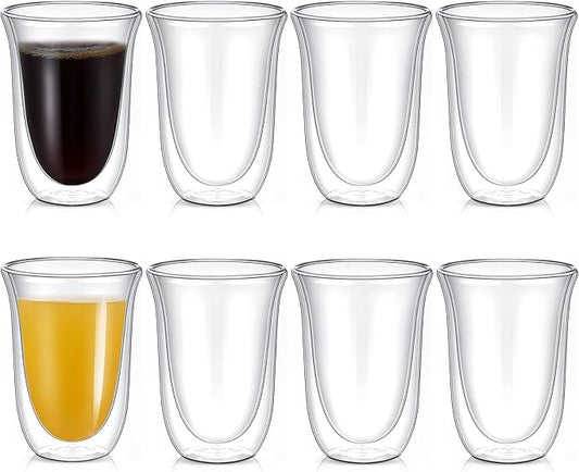 8 Pack 10 oz Double Walled Coffee Mugs Glass Espresso Cups without Handle Clear Thermo Insulated Demitasse Cups for Cappuccino Tea Latte Beverages
