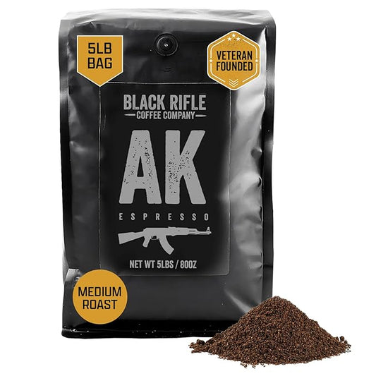Black Rifle Coffee Company AK Espresso, 5 lb Bag, Ground Coffee Medium Roast - Roasted Blend Made from Arabica Beans - Colombian & Brazilian Beans - Veteran Founded & American Made
