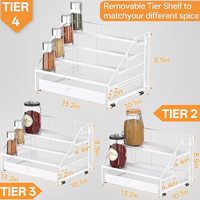 DTUQYX Spice Rack Organizer for Cabinet: 4 Tier Spice Organization with Drawer, Depth Adjustable Metal Shelf for Kitchen Countertop, Cupboard, Pantry, Holds Seasoning and Condiments (White)