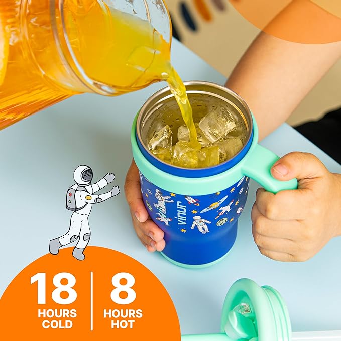 VINUR Kids Tumbler with Handle 14 oz Stainless Steel Double Wall Vacuum Insulated Tumbler with Lid and Straw, Leak Proof Water Cup for Travel (Astronaut)