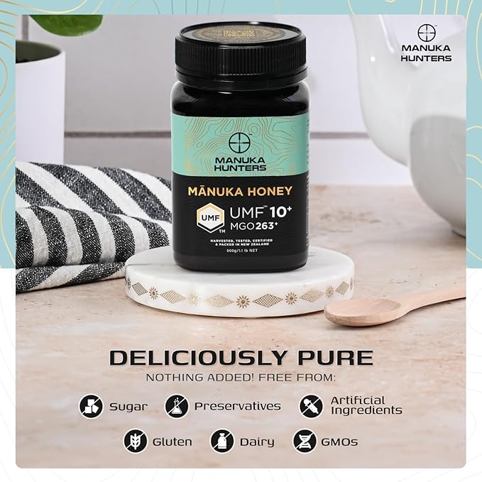 Manuka Hunters UMF 10+/MGO 263+ Certified New Zealand Manuka Honey - 100% Pure Natural Sweetener - Gluten, Dairy Free - Ideal for Tea, Coffee, Smoothies, and Baking - Sustainable - 1.1lb/500g Jar