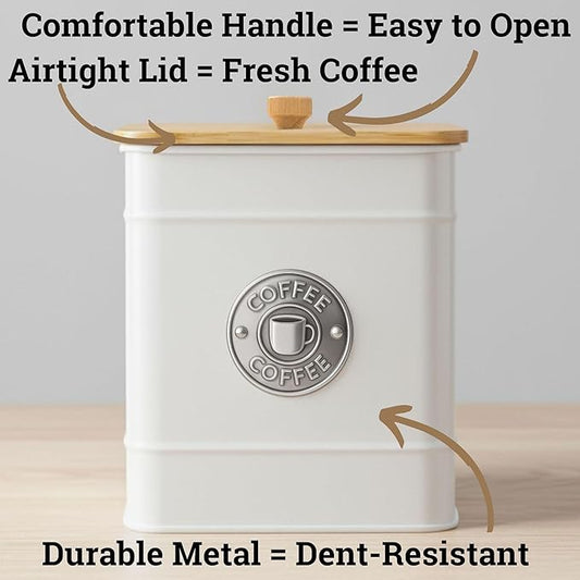 Airtight Coffee Canister - 40 oz Large Iron White Coffee Container Airtight - 6 x 8 inch Metal Jar - Stylish Countertop Container for Grounds, Beans, Pods & More with Rubber-Lined Bamboo Lid