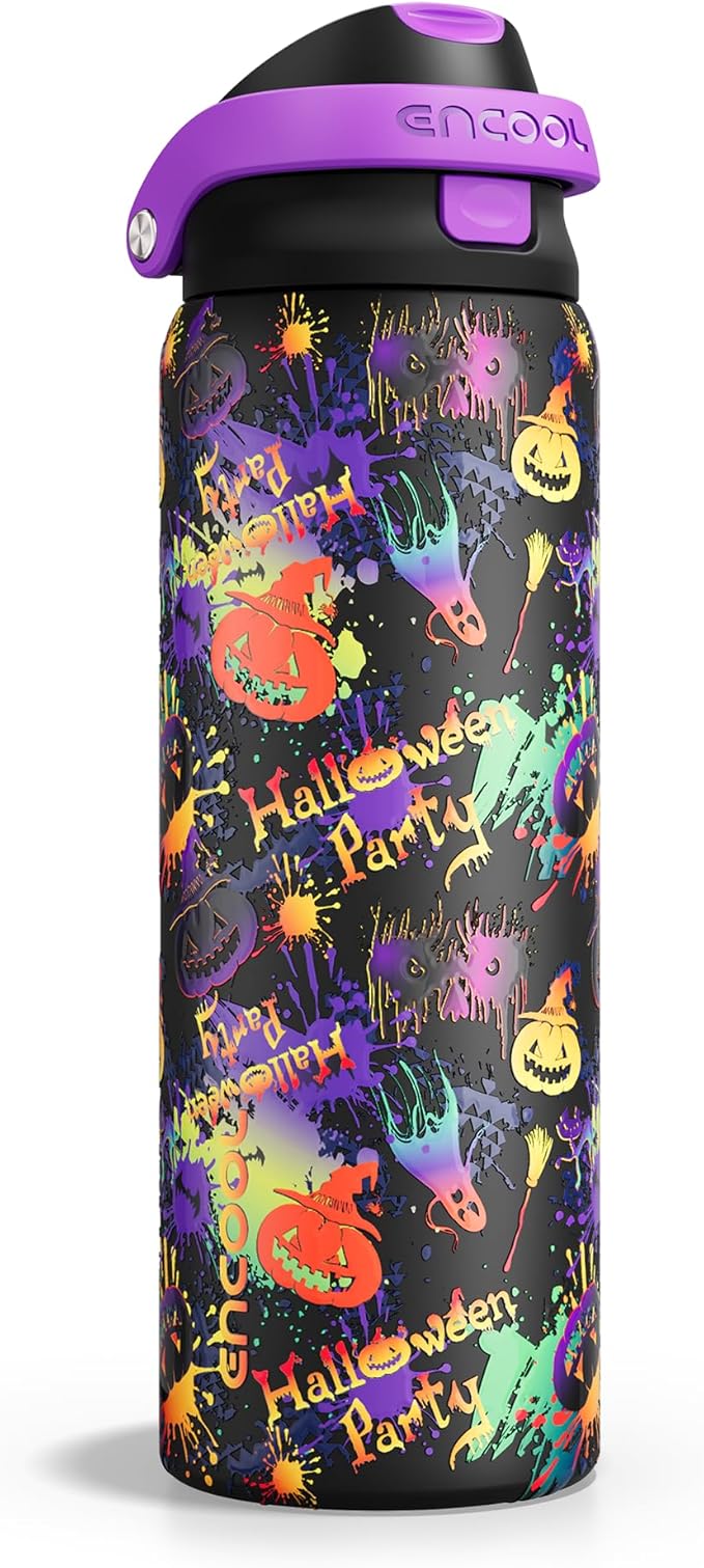 Encool SwiftSip Insulated Stainless Steel Water Bottle with Straw - Leak Proof Sports Water Bottle for School, Travel, Keeps Cold All Day, One-Touch Flip Lid, BPA-Free, 32 oz, Ghost Party