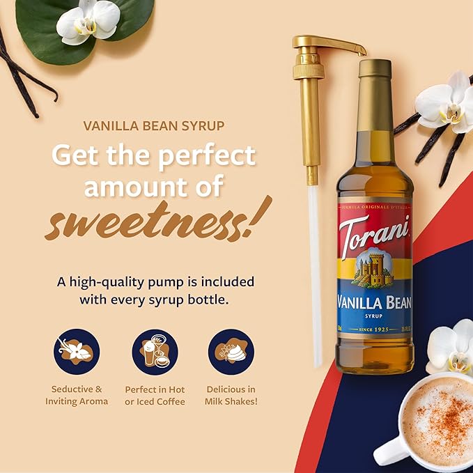 Torani Vanilla Bean Coffee Syrup for Drinks & Desserts, Glass Bottle with Pump Included, 25.4 Fl Oz