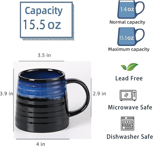 Large Ceramic Coffee Mug, Handmade Pottery Mugs, Tea Cups with Big Handle for Office and Home, 15.5 oz, Dishwasher and Microwave Safe (Frosted Black)