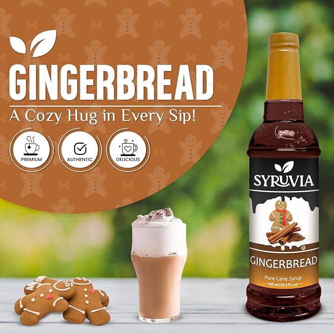 Syruvia Gingerbread Syrup for Coffee, Flavored Syrup for Drinks, Lattes, and Desserts – 25.4 fl oz