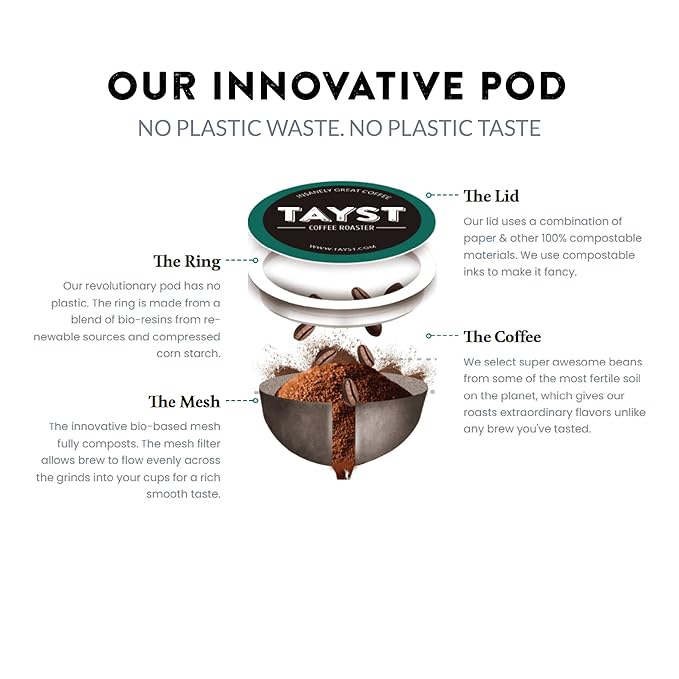 Tayst Coffee Pods, Bold & Brilliant Dark Roast, K Cups Compatible with Keurig Coffee Maker, Sustainable Single Serve, Pack of 100