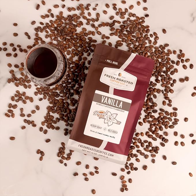 Fresh Roasted Coffee, Decaf French Vanilla Flavored Coffee, 12 oz, Medium Roast, Kosher, Whole Bean