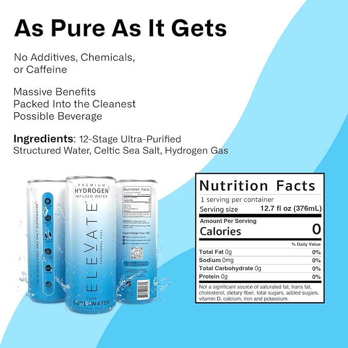 ELEVATE SUPERWATER Premium Hydrogen Water (12 pack). Highest Hydrogen (3-5 PPM) and Lowest -650 ORP. Supports Recovery, Energy, Hydration, Focus, and Endurance. BACKED BY SCIENCE.