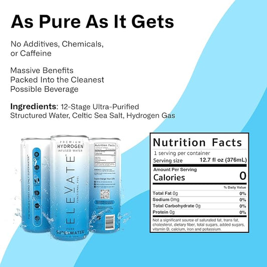 ELEVATE SUPERWATER Premium Hydrogen Water (12 pack). Highest Hydrogen (3-5 PPM) and Lowest -650 ORP. Supports Recovery, Energy, Hydration, Focus, and Endurance. BACKED BY SCIENCE.