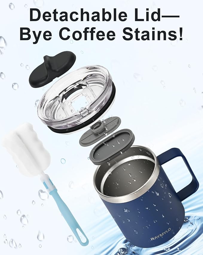 Insulated Coffee Mug 12 oz, Double Wall Stainless Steel Coffee Mug with Lids, Leak-Proof & Detachable Slider Lid for Thorough Clean, Keeps Coffee Cold for 9 Hrs, Suitable for Camp Home Office