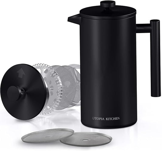 Utopia Kitchen 304 Grade Stainless Steel French Press Coffee Maker 12 Oz, Double Wall Insulated Coffee Press with 4-Level Filtration system, Include 2 Extra Filters, Rust-Free, Black