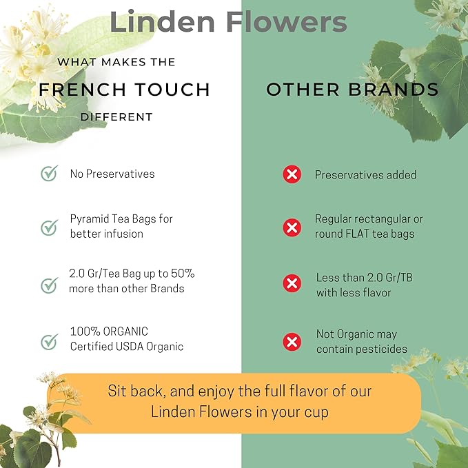 The French Touch Linden Flowers Tea ORGANIC | 2.0g x 30 Pyramid Bags | 100% Certified USDA Organic | Plant based tea bags | Select Premium Tea (Linden Flowers) | Caffeine-free