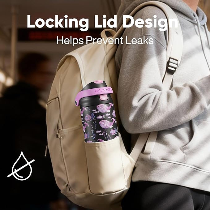 ENCOOL Leakproof Insulated Water Bottle with Straw Dual-Sip Water Bottle Bag-Safe Design for Work, Commute & Gym – Keeps Drinks Cold All Day, 24 oz, Neon Whale