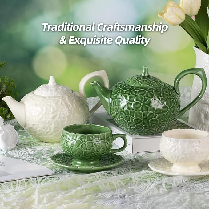KAMMAK Teapot with Handle, Vintage Porcelain Tea Pot with Gold Trim, Blooming & Loose Leaf Teapot, Festive Holiday Serveware, Gifts for Women, Green - 28 oz