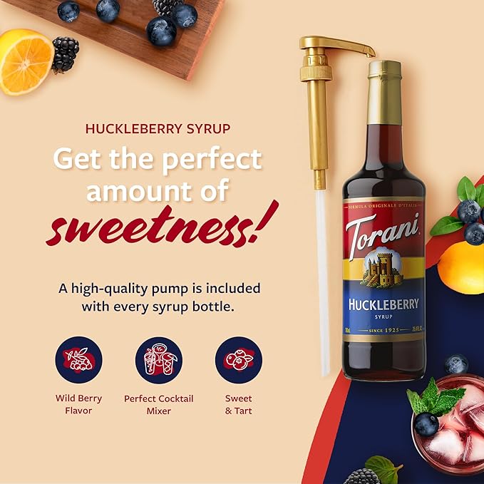 Torani Huckleberry Syrup for Drinks, Flavoring for Iced Tea, Lemonade, Sodas, and Cocktails, Glass Bottle with Pump Included, 25.4 Fl Oz