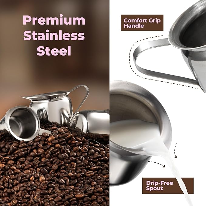 Fit Meal Prep [6 Pack] 8 oz Creamer Pitcher - Stainless Steel Bell Creamers, Mini Cup Container for Serving Milk, Coffee Cream, Salad Dressing, Maple Syrup, Espresso Machine for Restaurant, Cafes