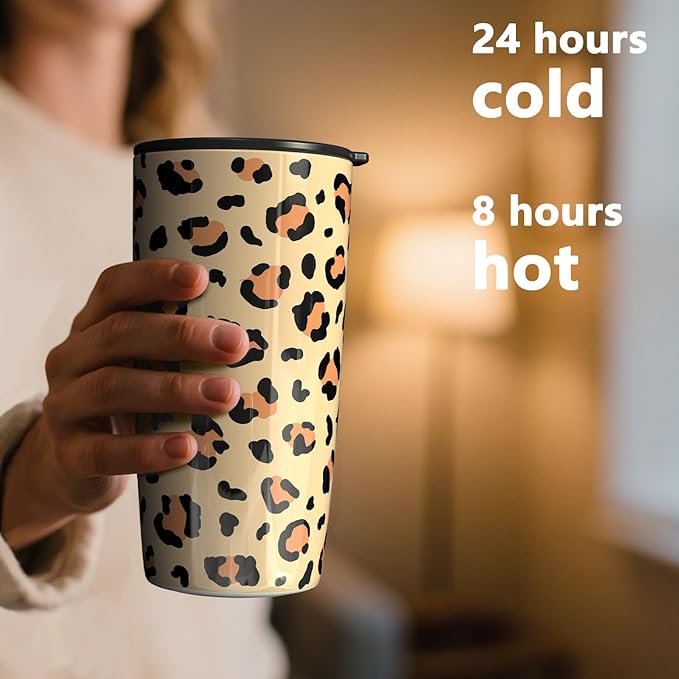 TILUCK 20 oz Tumbler with Lid, Vacuum Insulated Stainless Steel Coffee Mug, Double-Walled Travel Tumbler for Hot and Cold Drinks(Leopard, 20oz)