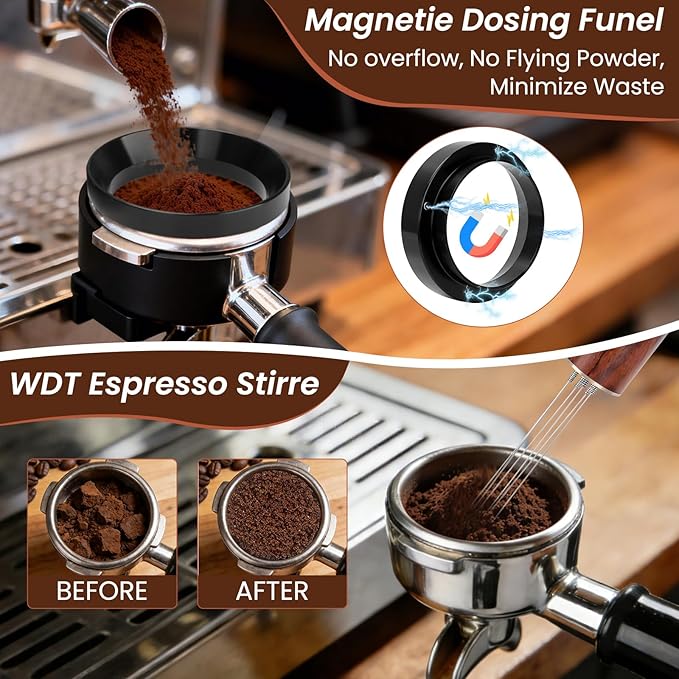 9 Pack Espresso Tamper Station&Coffee Distributor Tamper&Espresso WDT Stirrer&Coffee Tamping&Brush&Coffee Dosing Funnel&Espresso Puck Screen, Latte Art pen and Towel (54 mm)