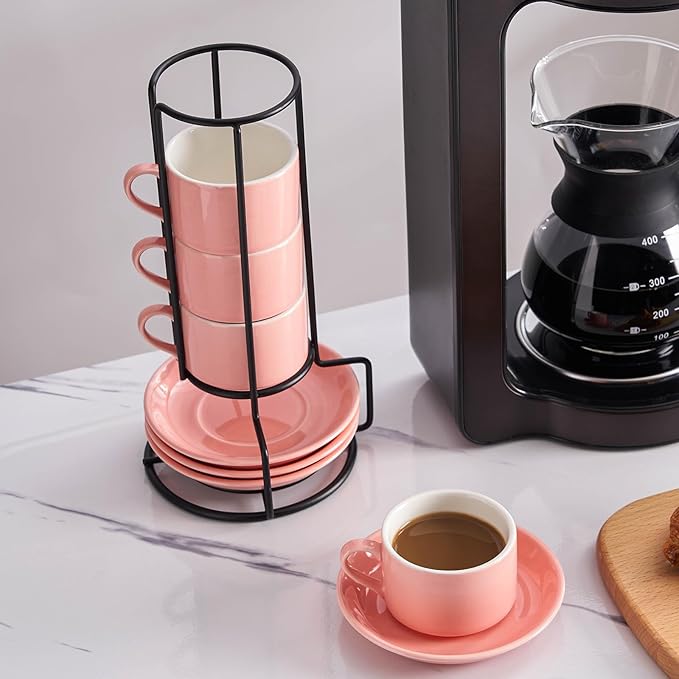 Meichu 2.5oz Porcelain Stackable Espresso Cups with Saucers and Metal Stand Set of 4, Stackable Espresso Cups Set of 4, Pink Expresso Shots Cup Set for Cappuccino, Coffee Drinks, Latte, Tea