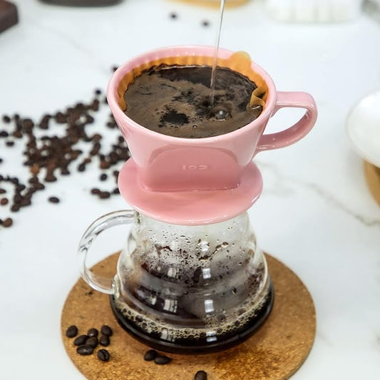 Pour Over Ceramic - Coffee Dripper Ceramic Coffee Maker with 3 Holes Flat Bottom, Porcelain Slow Filter Cone for Travel, Camping, Office, Home, Coffee Maker Brew, Pink