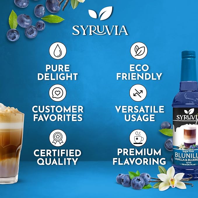 Syruvia Sugar Free Coffee Syrup, BLUNILLA Syrup, Vanilla Blueberry Flavored Syrup for Drinks, Lattes, and Desserts – 25.4 fl oz, With Pump
